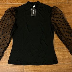 SOLY HUX Women's Sheer Mesh Polka Dots Long Sleeve Slim Fit Top Blouse